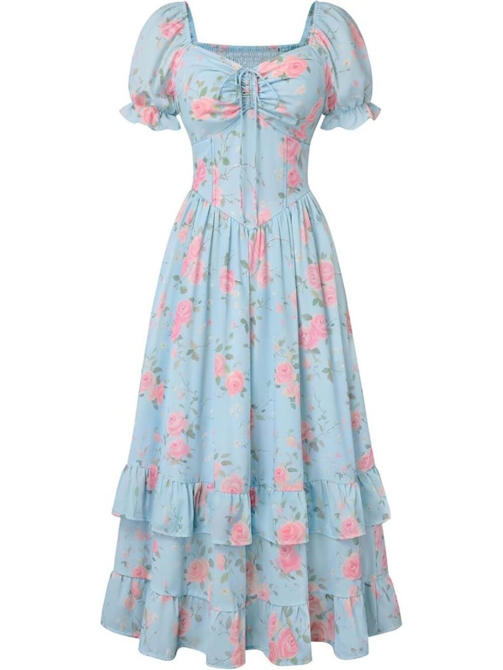 Floral Maxi Dress with Puff Sleeves | Elegant Tea Party Corset Style Dress